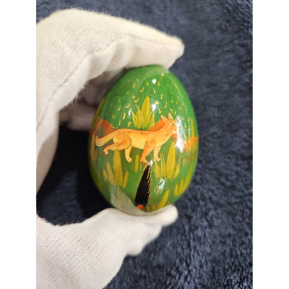 Vintage Russian Lacquer Egg Hand Painted Fox Wildlife Green Folk Art